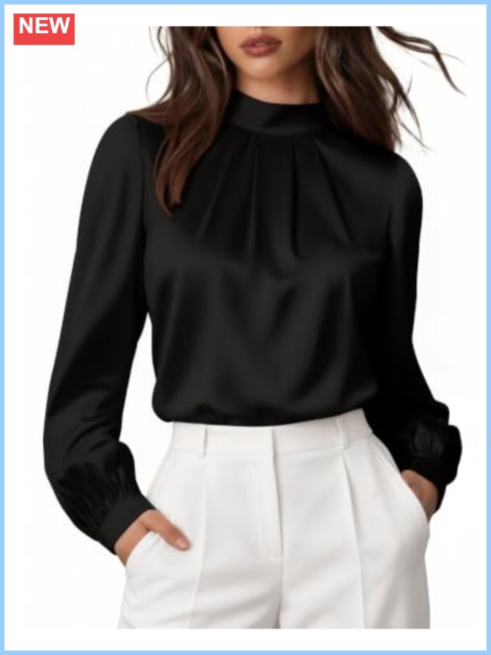 Satin Mock Turtle Neck Long Sleeve Bodysuit Top Pleated Front